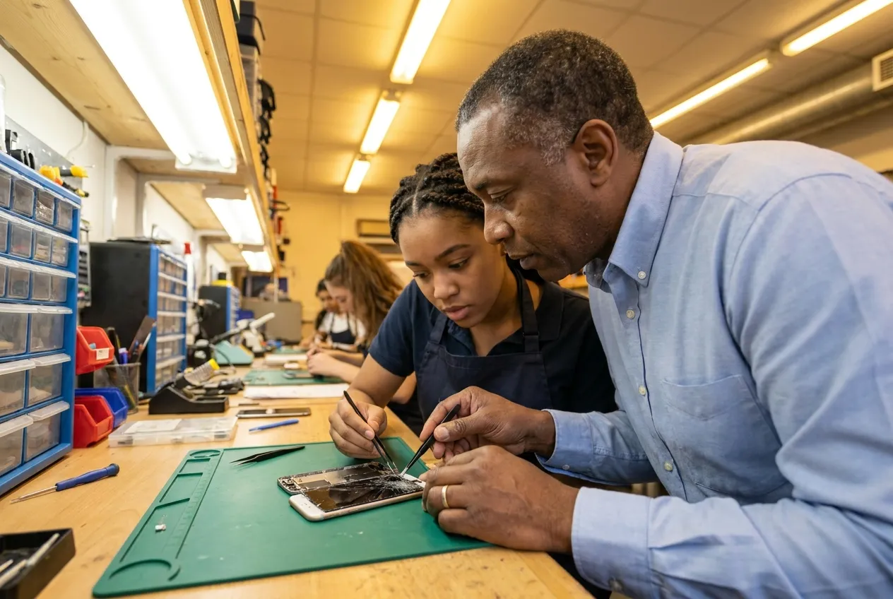 Instructor guiding a student replacing a screen