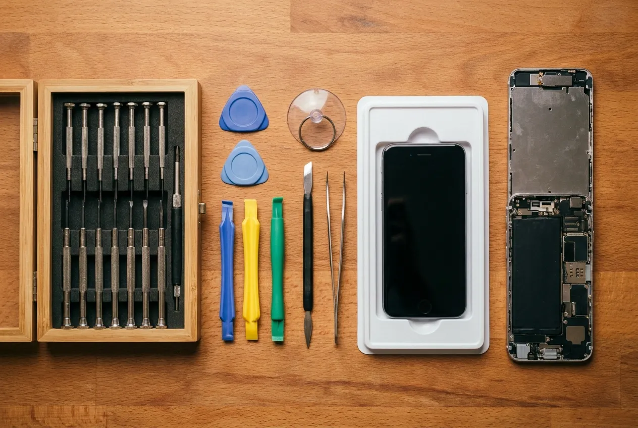 Phone repair toolkit on a workbench